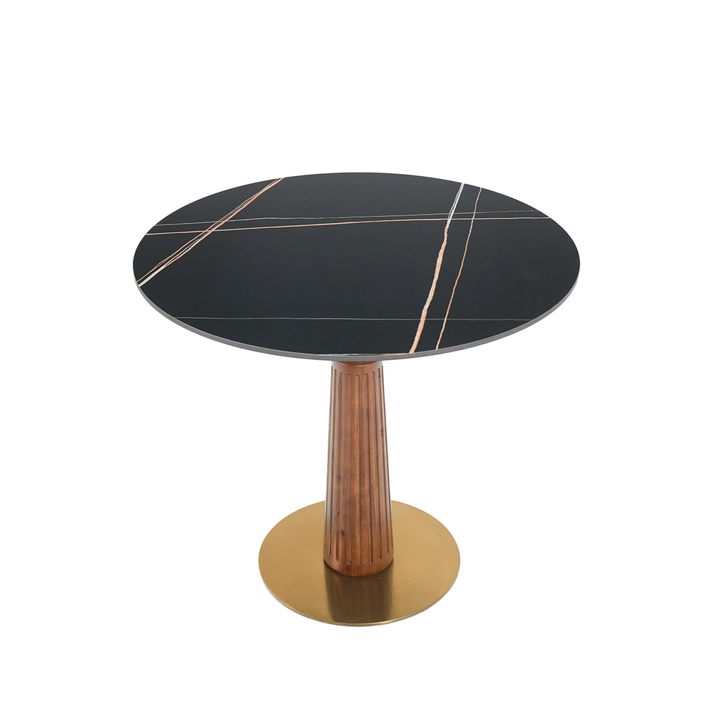 English Elm Modern Round Dining Table - 33.5" Sintered Stone With Wooden Legs & Gold Base For Small Spaces W1535S00569