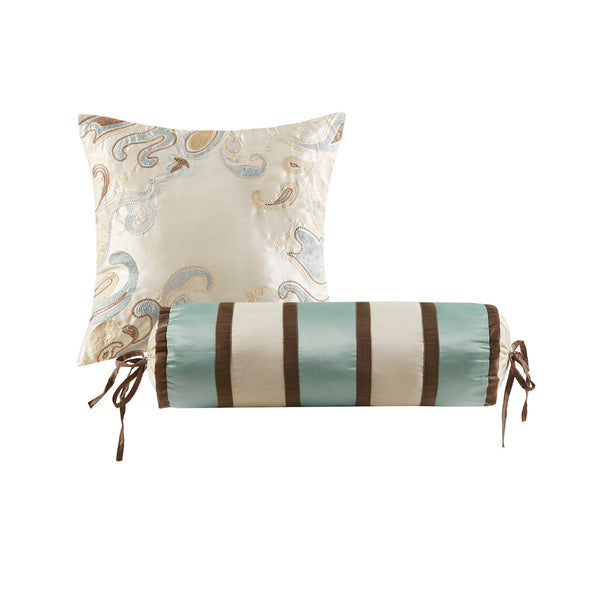 English Elm 12 Piece Comforter Set - Luxurious Blue & Taupe Bedding With Cotton Sheets For Queen Size Beds B035128822