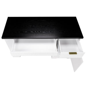 English Elm 55" Fluted White Computer Desk with Power Outlet Pegboard Cabinet and Keyboard Tray W2917P396008