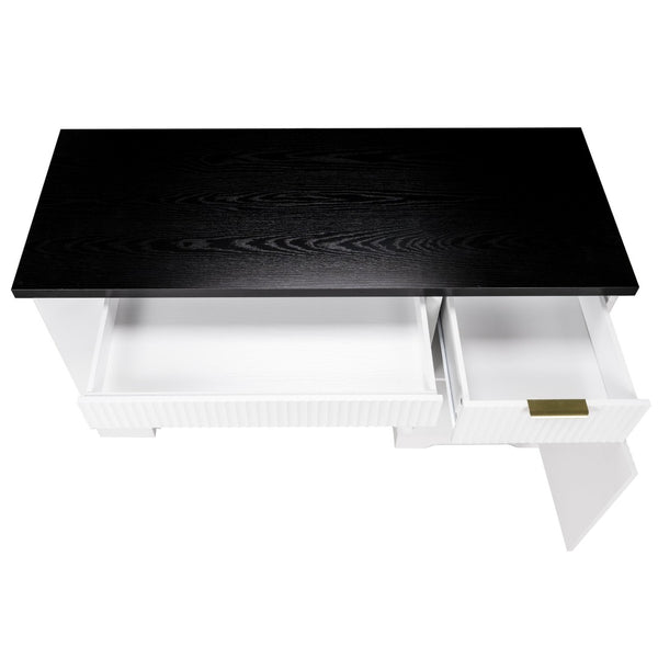 English Elm 55" Fluted White Computer Desk with Power Outlet Pegboard Cabinet and Keyboard Tray W2917P396008