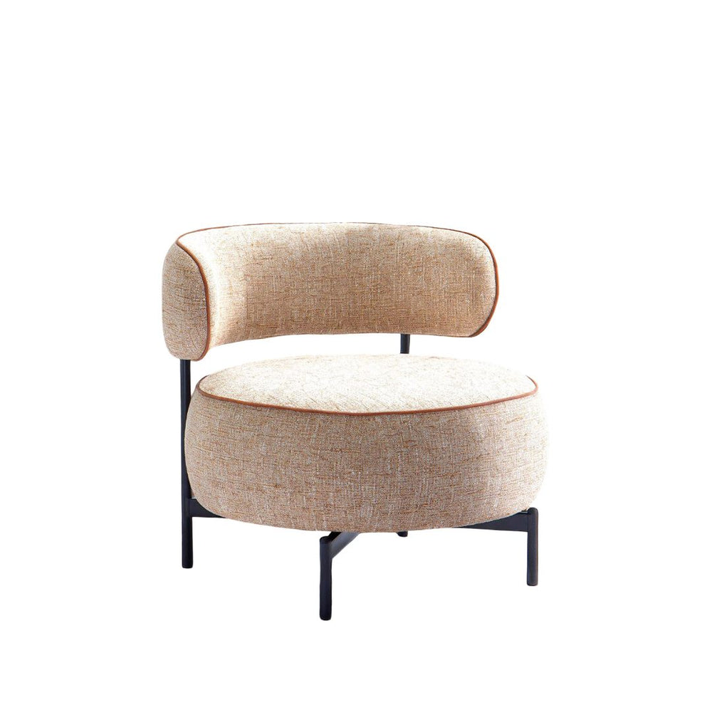 English Elm Light swivel chair in light brown fabric with white welt, curved backrest, metal legs, 360° swivel, 31.5"W B2741P390564