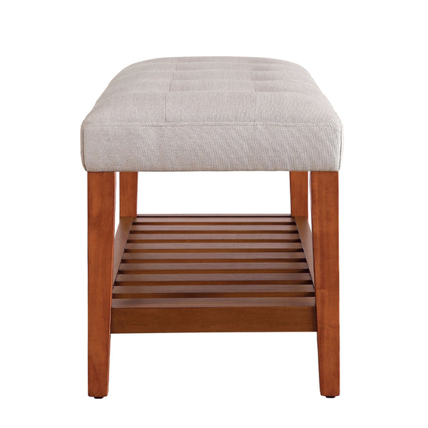 English Elm Fabric Upholstered Bench with Tufted Padded Seat, Open Lower Shelf, Tapered Wood Legs, 43"L Light Gray,Oak B016P311079