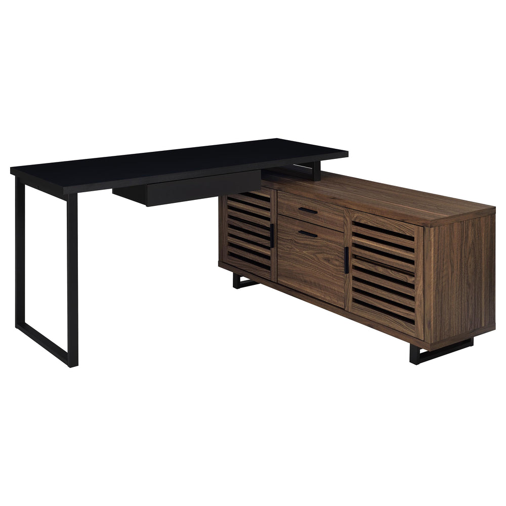 English Elm Rodger Black and Walnut L-Shape Computer Desk with Credenza, Slatted Doors, Drawers, Spacious Workstation B062P378334