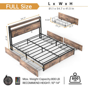 English Elm Full Metal Bed Frame with Rgb Led Headboard Shelving and Built-in Charging Ports T3963P482824