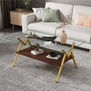 English Elm Coffee Table Set Of 3 With Tempered Glass & Mdf Storage Layer - Modern Living Room Tables! W241S00051