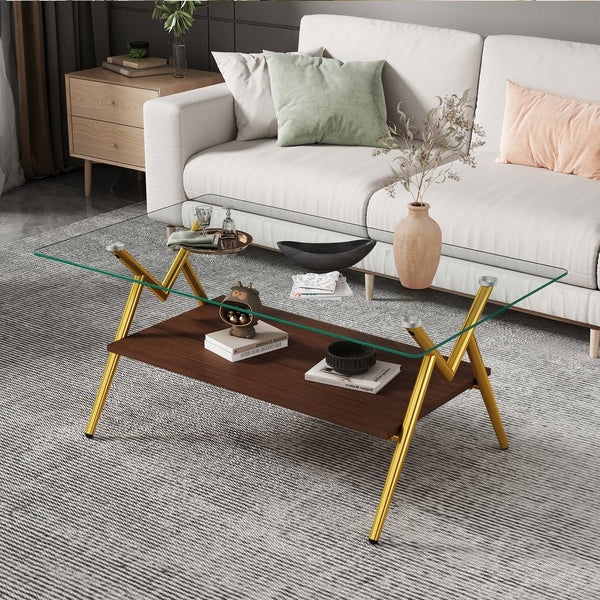 English Elm Coffee Table Set Of 3 With Tempered Glass & Mdf Storage Layer - Modern Living Room Tables! W241S00051