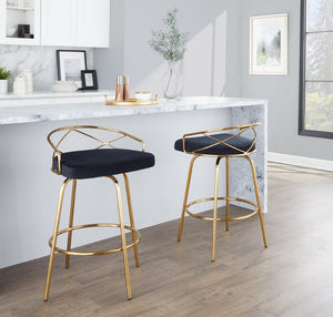 English Elm 26"/art Deco Tufted Velvet Swivel Counterstools with Gold Base for Kitchen Bar Set of 2 B202S02148