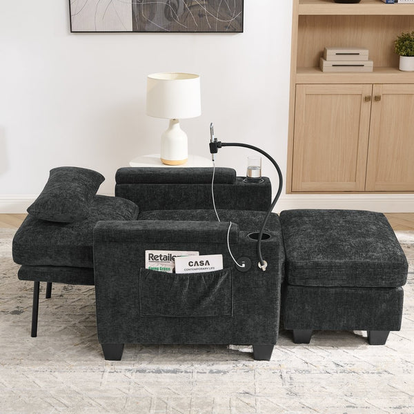 English Elm Single Chenille Manual Recliner with Usb Port Hidden Storage Ottoman and Cup Holders Black W487P423649