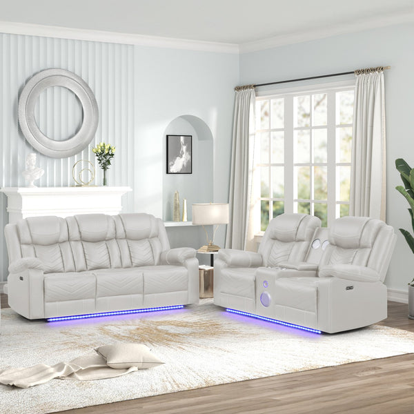 English Elm Challenger Modern Power Recliner Set With Bluetooth Speakers, Cup Holders & Led Lighting In Beige B009S01519