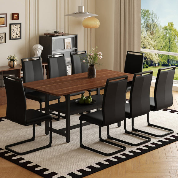 English Elm Table And Chair Set: 71" Walnut Grain Dining Table With 8 Stylish Black Pu Chairs & Storage Shelf W1151S04279-GIGA