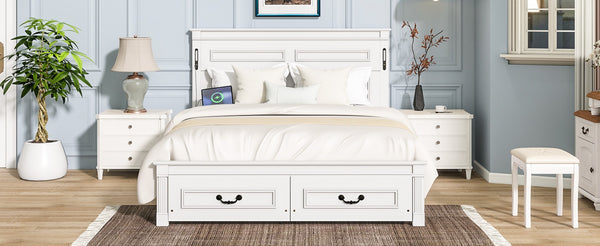 English Elm Queen Farmhouse Pinewood Storage Bed with Led Lighting Usb Charging and Panel Headboard White W504P391013