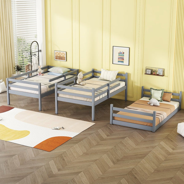 English Elm Triple Rubber Wood Bunk Bed with Built-In Ladders and Guardrails Maximizes Space for Families, Durable Design Grey W504S00174