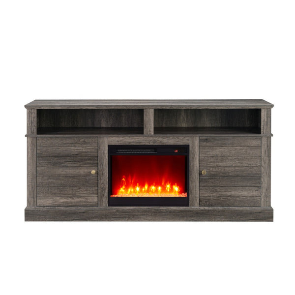 English Elm Iris 70 Inch Walnut Media Console with Electric Fireplace and Led Display Shelves B2749P413268