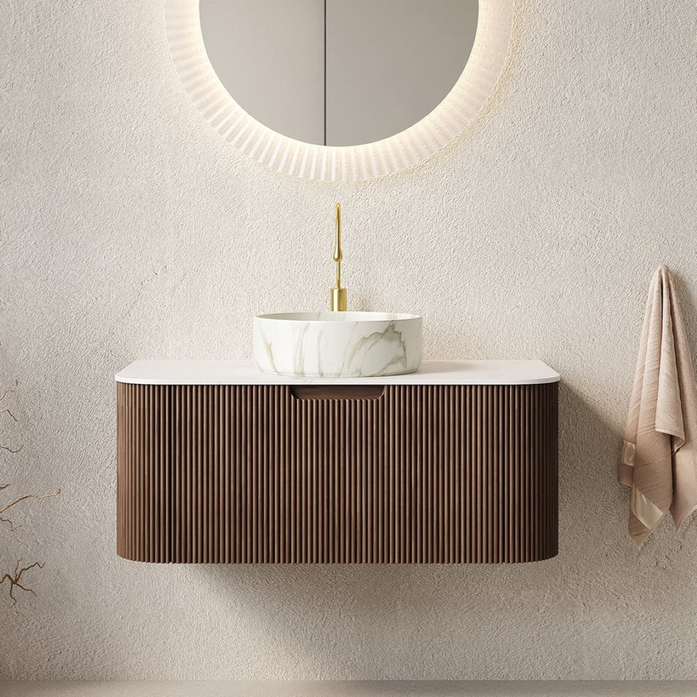 English Elm Dina Floating Bathroom Vanity Sintered Stone Top Glass Basin Striped Plywood Cabinet Walnut,White W2615S00415