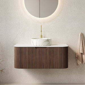 English Elm Dina Floating Bathroom Vanity Sintered Stone Top Glass Basin Striped Plywood Cabinet Walnut,White W2615S00415