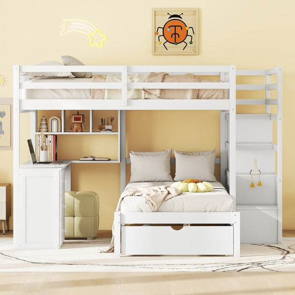 English Elm Full Over Twin Bunk Bed with Staircase Drawers Desk and Shelves in Gray White LT001605AAK-1