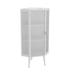 English Elm 22.25'' Floor Corner Cabinet with Tempered Glass Doors, Three-Tier Metal Frame Storage for Home White W757P180793
