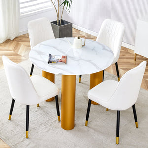 English Elm Round white dining table with faux marble top, gold MDF legs, seats 4, easy-clean, quick assembly W1151S00812