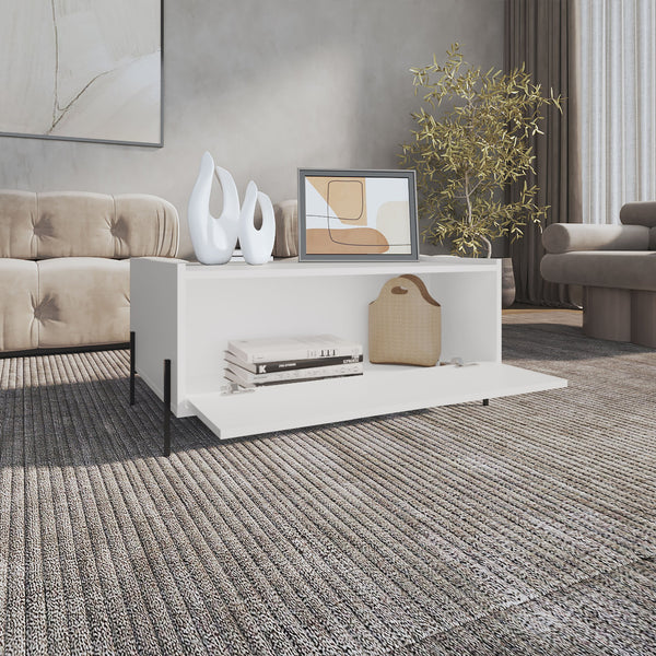 English Elm Shan 15.6"H Minimalist Coffee Table with Pull-Down Cabinet & Open Shelf, White Particleboard Finish B200P253722