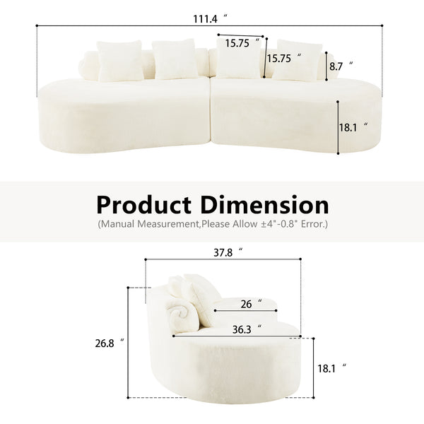 English Elm white plush curved multi-seater sofa with pillows — Nordic skin-friendly fabric, space-saving design W3612S00008
