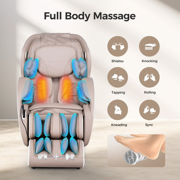English Elm Bosscare Full Body Shiatsu Recliner with Sl Track 3d Rollers and App Control Beige+Gold W730P162476