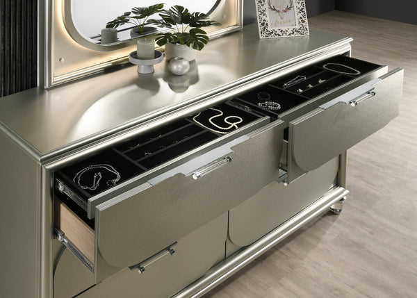 English Elm Contemporary Glam Acrylic-Handled 6-Drawer Dresser with Embossed Panels, Felt-Lined Jewelry Drawer Silver 66 L x 21 W x 40 H B2741P351980