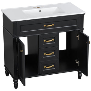 English Elm 36 Inch Bathroom Vanity with Ceramic Sink, Durable MDF & Solid Wood Frame, Soft-Close Doors, Luxe Handles, Ample Organized Storage, Modern Freestanding Design Black N725P314034B