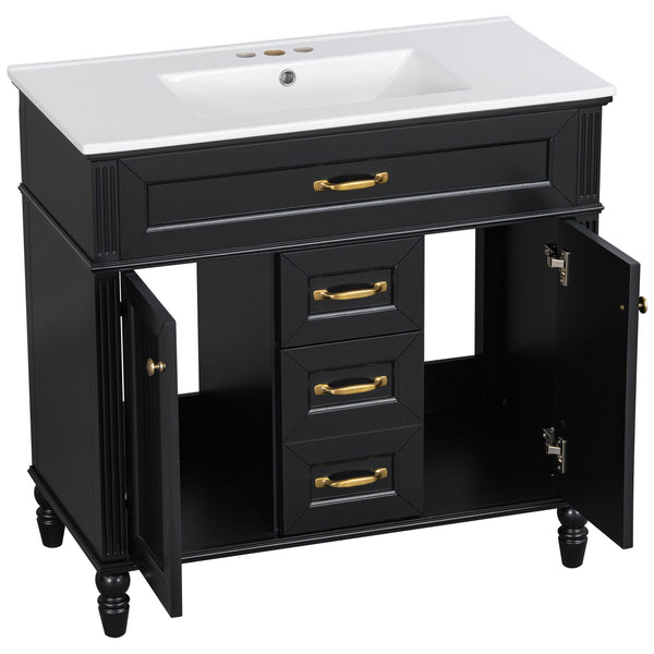 English Elm 36 Inch Bathroom Vanity with Ceramic Sink, Durable MDF & Solid Wood Frame, Soft-Close Doors, Luxe Handles, Ample Organized Storage, Modern Freestanding Design Black N725P314034B