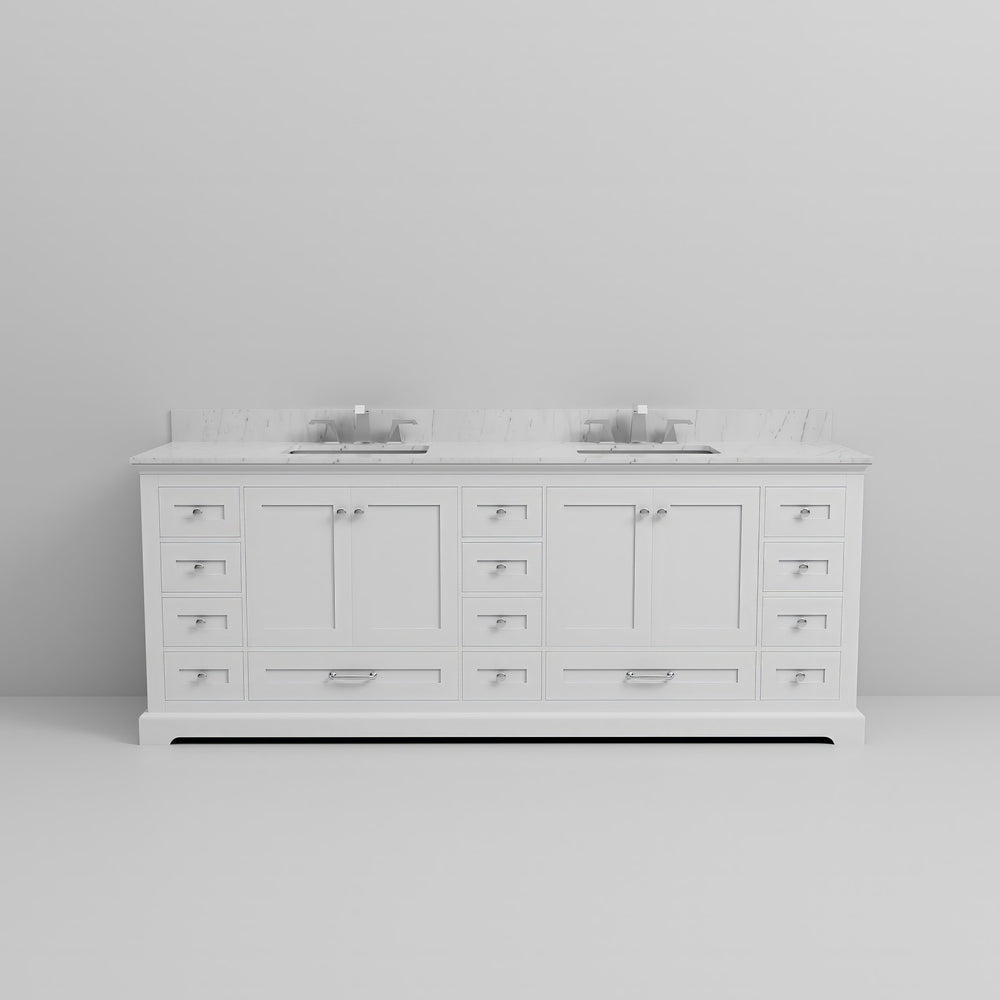 English Elm White 84" Double Bath Vanity with Carrara Marble Top, 14 Drawers, Soft-Close, Chrome Faucet Set B2731P258420