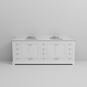 English Elm White 84" Double Bath Vanity with Carrara Marble Top, 14 Drawers, Soft-Close, Chrome Faucet Set B2731P258420