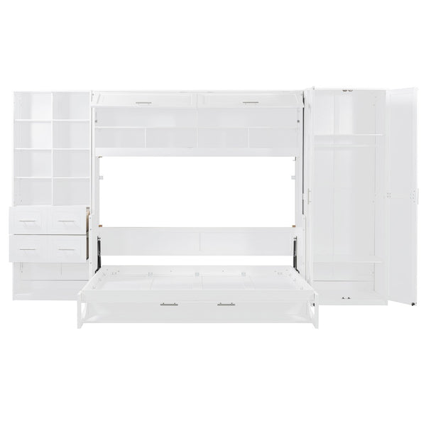 English Elm Full Size Murphy Wall Bed with Wardrobe Drawers Shelving for Studio Apartments LP000383AAK