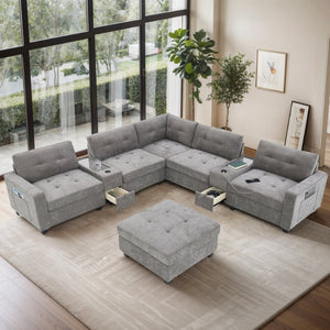English Elm [new U-shaped Chenille Sectional Six Seat Tufted Couch with Usb Charging Storage Gray N723S1191E