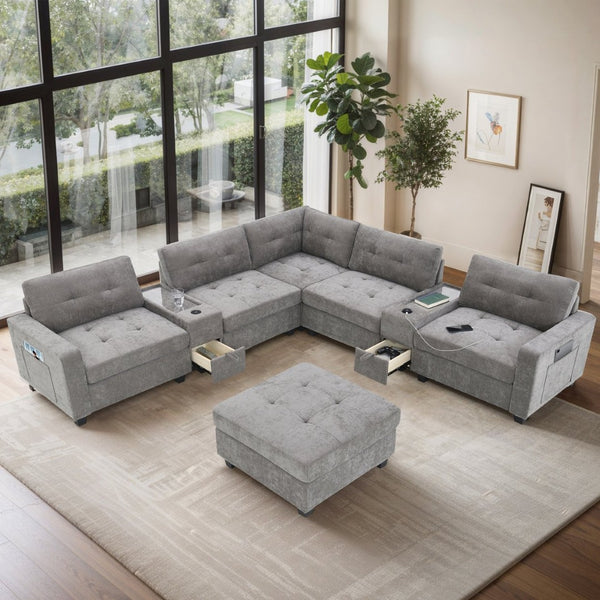 English Elm [new U-shaped Chenille Sectional Six Seat Tufted Couch with Usb Charging Storage Gray N723S1191E