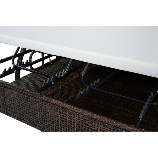 English Elm U_style Outdoor Double Sun Lounger Hdpe Wicker Steel Frame with Canopy Pop up Tables Beige WY000485AAA