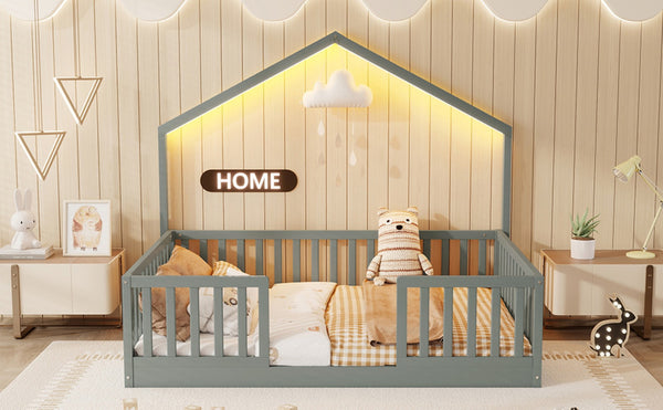 English Elm Twin Montessori Floor Bed House Frame with Led Lighting and Safety Rails for Kids Grey W2593P440606