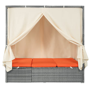English Elm U_style Outdoor Rattan Steel Chaise Lounge with Shade Canopy and Reclining Cushioned Sunbed Orange WY000471AAO