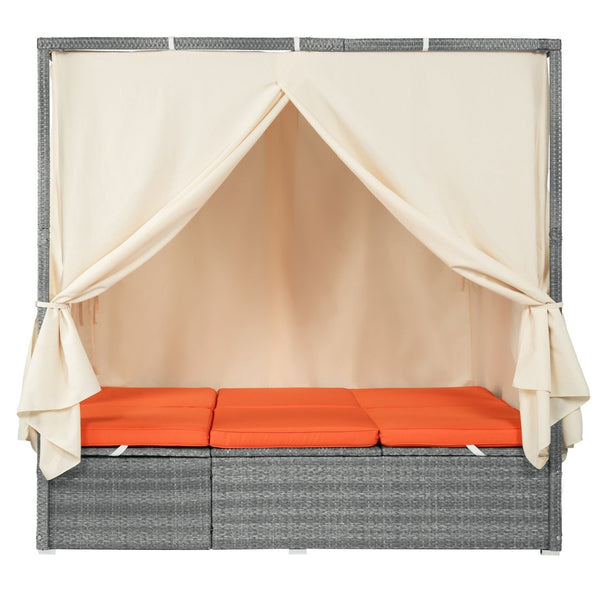 English Elm U_style Outdoor Rattan Steel Chaise Lounge with Shade Canopy and Reclining Cushioned Sunbed Orange WY000471AAO