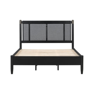 English Elm Solid Pine Queen Bed Industrial Upholstered Headboard with Iron Handles 500 Lb Frame Black,Dark Grey N770PQ361408B
