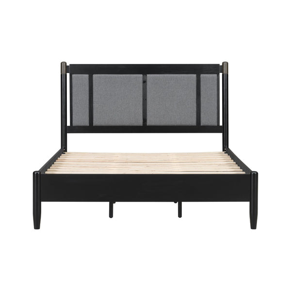 English Elm Solid Pine Queen Bed Industrial Upholstered Headboard with Iron Handles 500 Lb Frame Black,Dark Grey N770PQ361408B