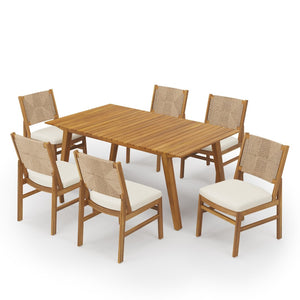 English Elm 7-piece Outdoor Acacia Wood Dining Set with Handwoven Wicker Chairs and Weather-resistant Cushions N773OD00125B
