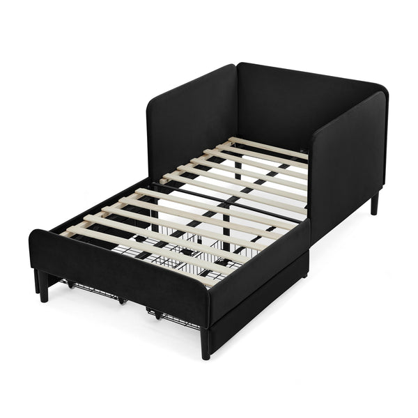 English Elm Twin Velvet Upholstered Platform Bed with 2 Underbed Drawers, Adjustable Sofa Bed, Modern Black Design W1413P298910
