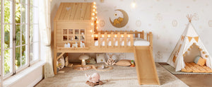 English Elm Twin Playhouse Loft Bed Solid Pine Frame with Slide Led Lights and Star Roof Natural W5316S00002