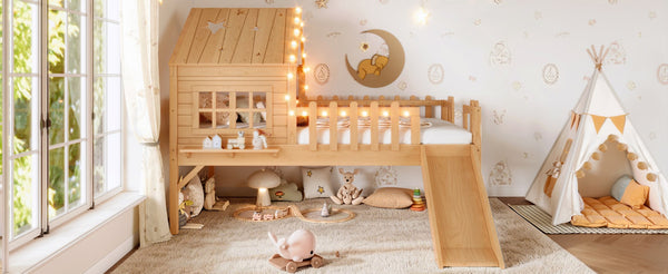 English Elm Twin Playhouse Loft Bed Solid Pine Frame with Slide Led Lights and Star Roof Natural W5316S00002