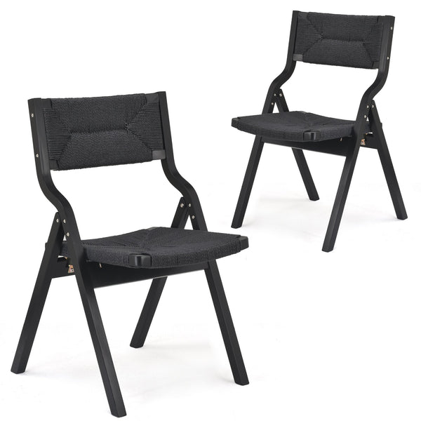 English Elm Wood Foldable Dining Chair Set of 2 with Woven Rattan Seat, Teak Finish, Comfortable Padded Design Black T3623P380481