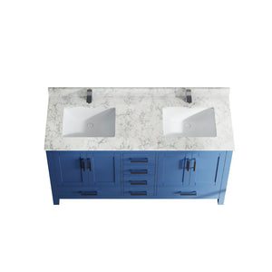 English Elm 59" Double Basin Vanity Carrara Top Solid Wood Frame Vintage Legs 6 Drawer Blue T3785P383044