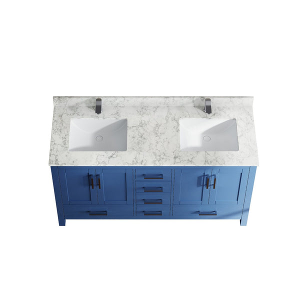English Elm 59" Double Basin Vanity Carrara Top Solid Wood Frame Vintage Legs 6 Drawer Blue T3785P383044