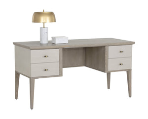 Sunpan Pattinson Desk – Classic White Ceruse Oak with Oyster Shagreen Drawers & Antique Brass Handles