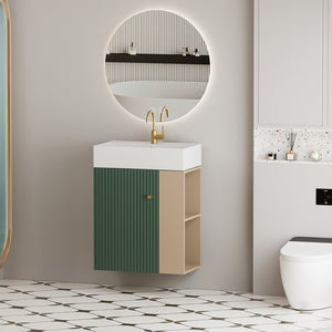 English Elm 21.6" Wall Mounted Sage Green Vanity Ceramic Sink Soft Close Cabinet Copper Hardware W1573S00089