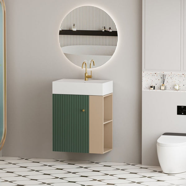 English Elm 21.6" Wall Mounted Sage Green Vanity Ceramic Sink Soft Close Cabinet Copper Hardware W1573S00089