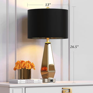 English Elm Set of 2 Mirrored Hexagonal Bedside Lamps with Usb Ports and Gold Foil Shades W3355P427415